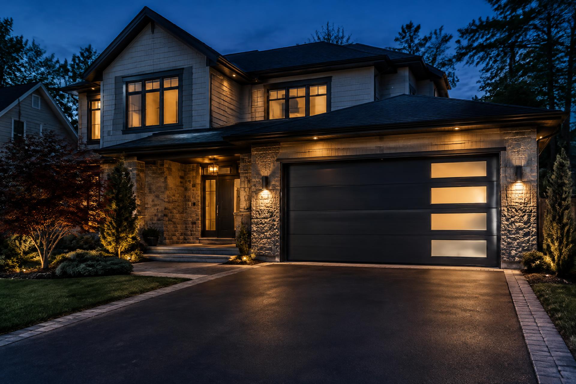 Modern dark garage door on an upscale New Jersey home at dusk